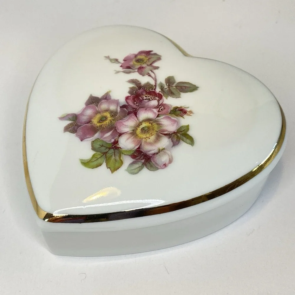 Vintage Heart Trinket Box Pink Flowers West Germany Gerold Porzellan‎